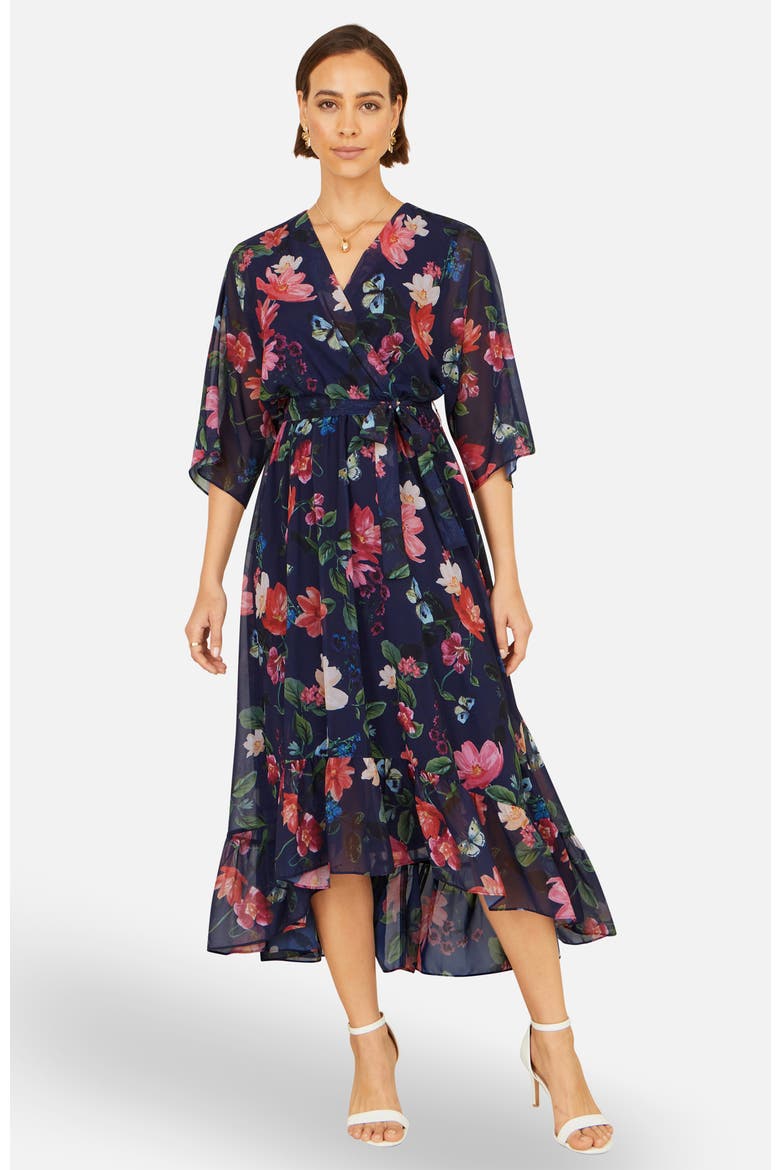 Floral Dip Hem Wrap Midi Dress, Main, color, Navy