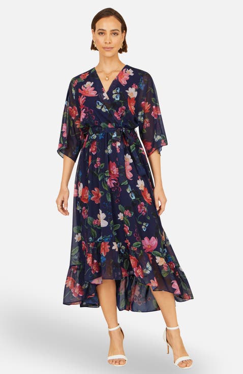 Floral Dip Hem Wrap Midi Dress