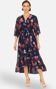 Yumi Floral Dip Hem Wrap Midi Dress