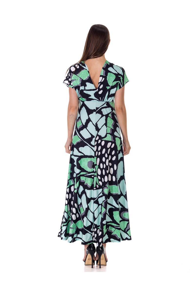 24seven Comfort Apparel Oversized Butterfly Print V-Neck Empire Waist Kimono Cap Sleeve Maxi Dress, Alternate, color, Green Multi