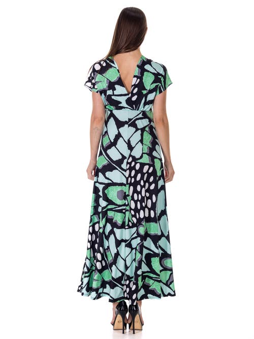 24seven Comfort Apparel Oversized Butterfly Print V-neck Empire Waist Kimono Cap Sleeve Maxi Dress In Multi