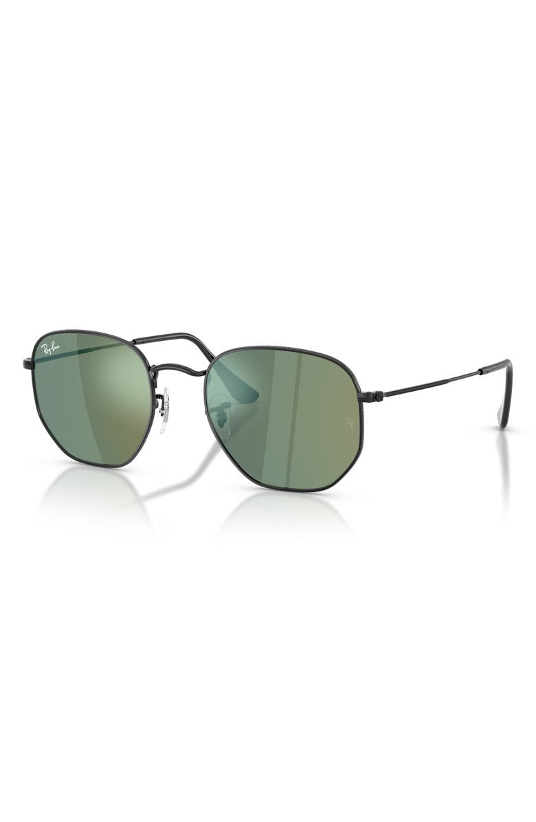 Ray-Ban 54mm Hexagonal Flat Lens Sunglasses, Alternate, color, Black / Grey Mirror Blu-Green