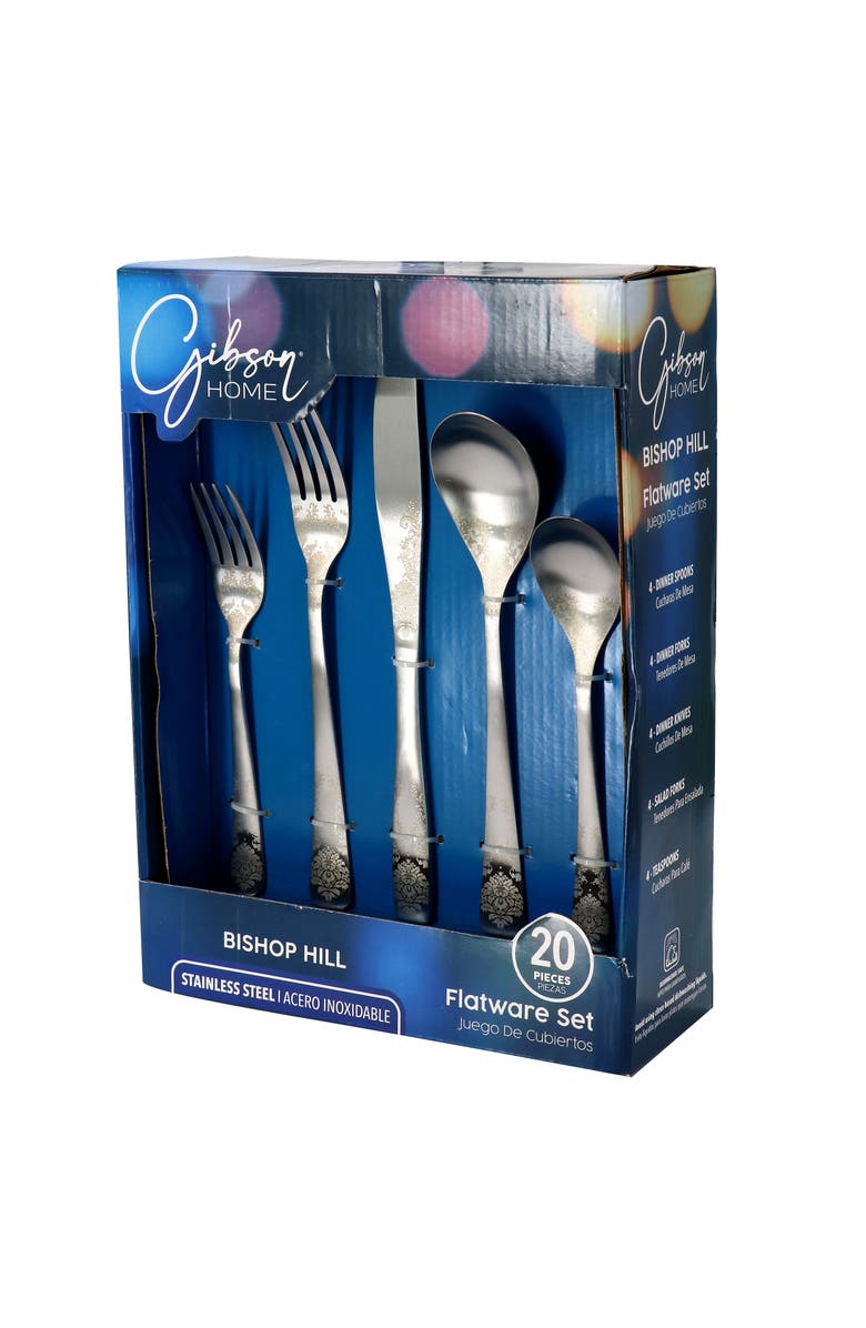 Gibson Home Bishop Hill 20 Piece Stainless Steel Floral Flatware Set, Main, color, Metallic Silver