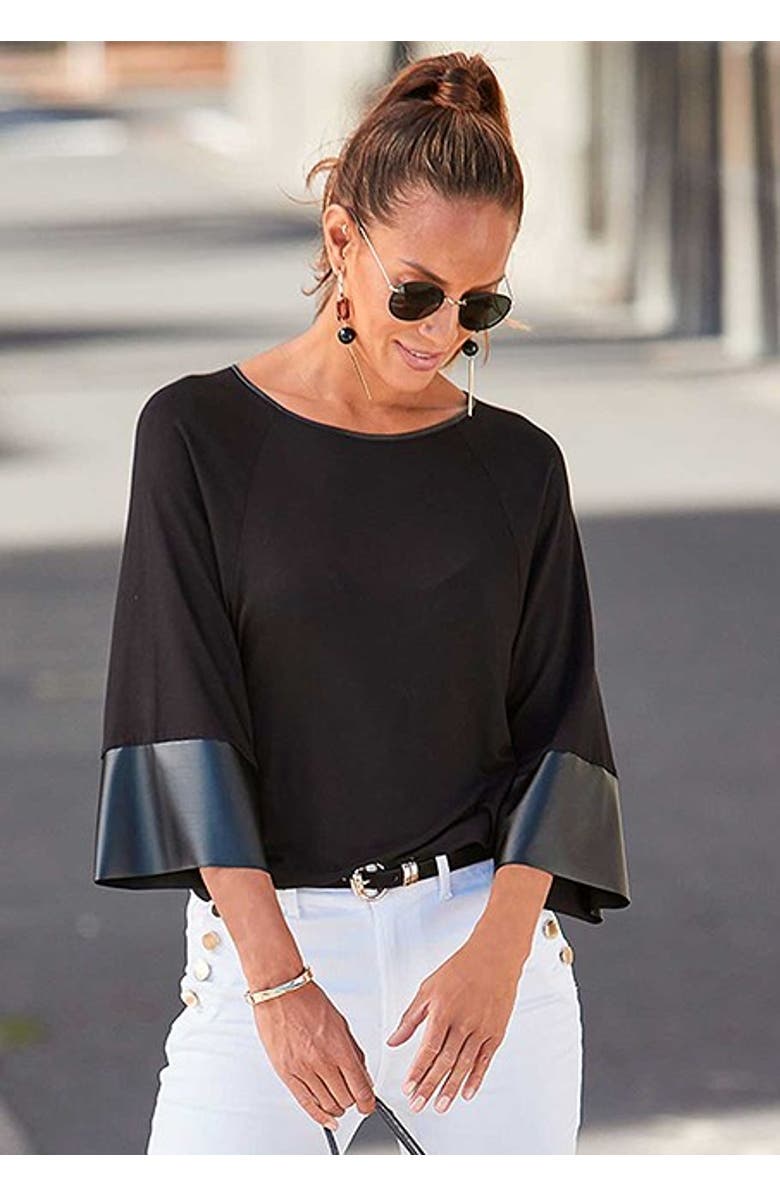 LASCANA Women's Dolman Sleeve Leather Trim Top, Alternate, color, Black