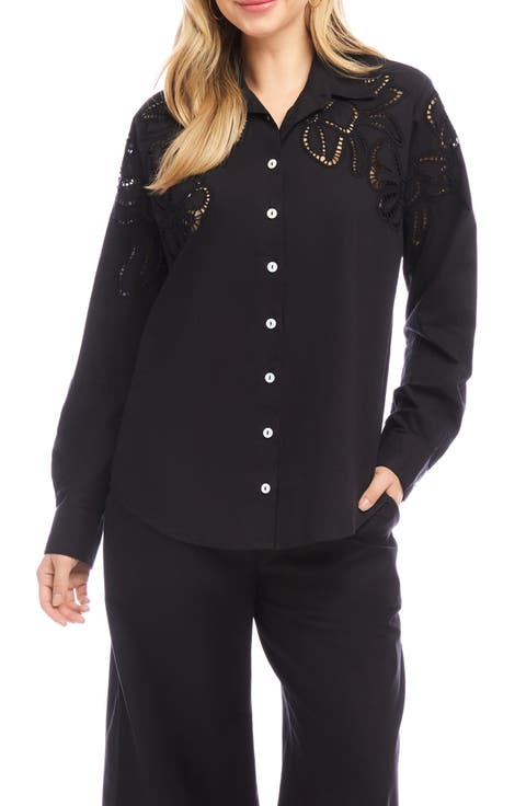 Floral Embroidered Eyelet Cotton Button-Up Shirt