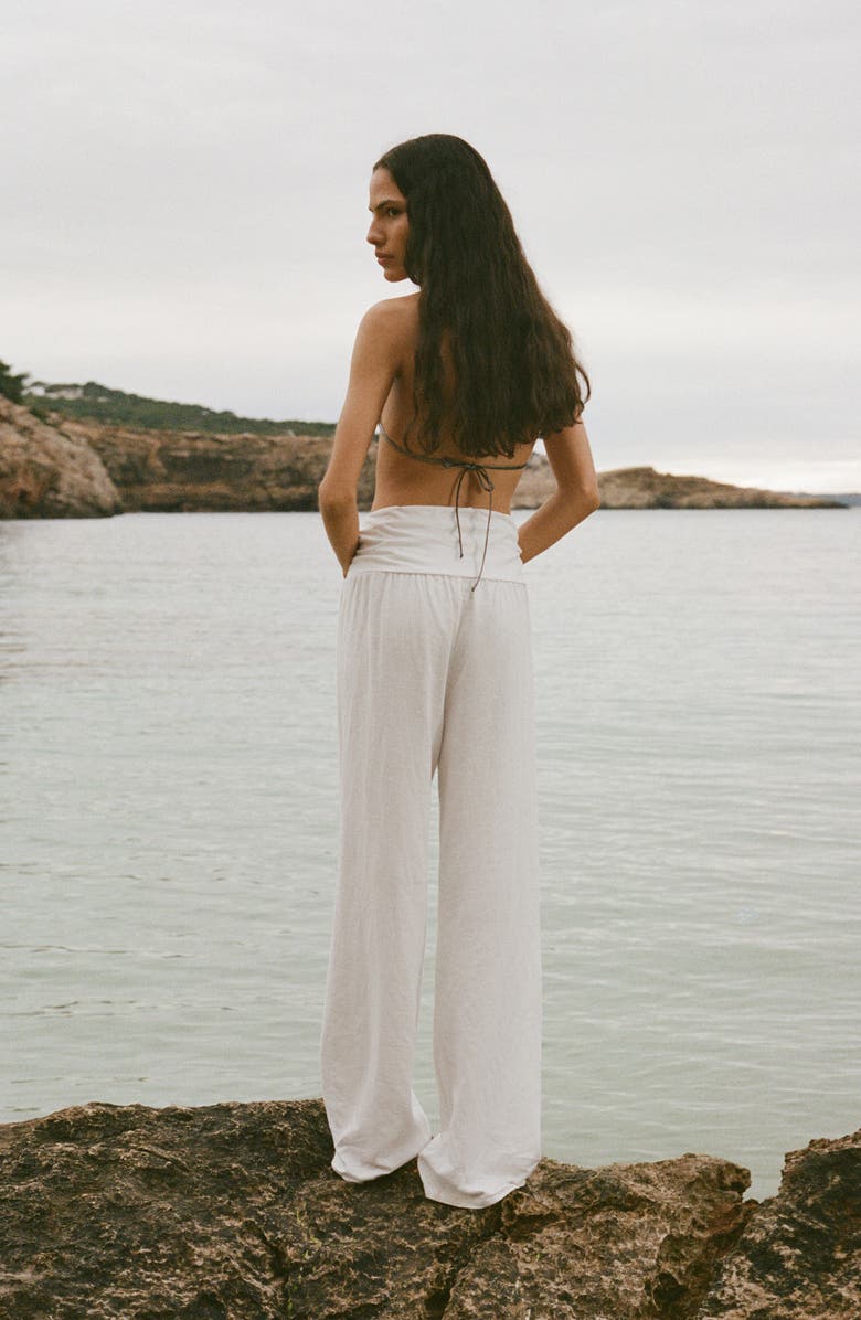 MANGO Drape Waist Wide Leg Linen Blend Pants, Alternate, color, White