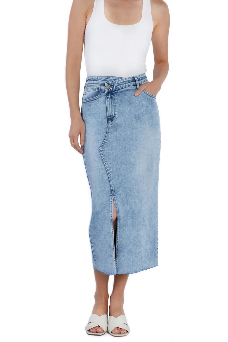Asymmetric Waist Denim Midi Skirt, Alternate, color, MIST BLUE