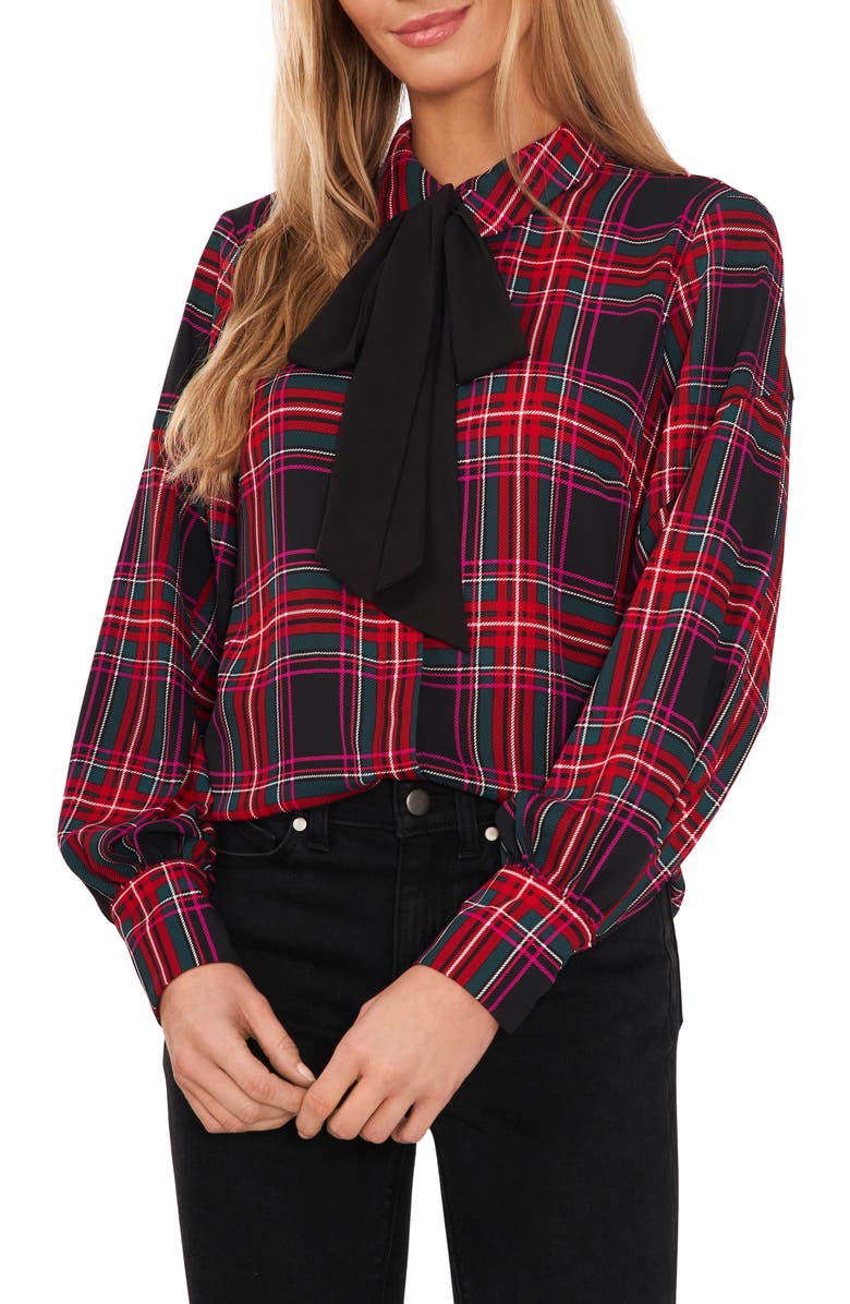 CeCe Plaid Pussy Bow Blouse, Main, color, 