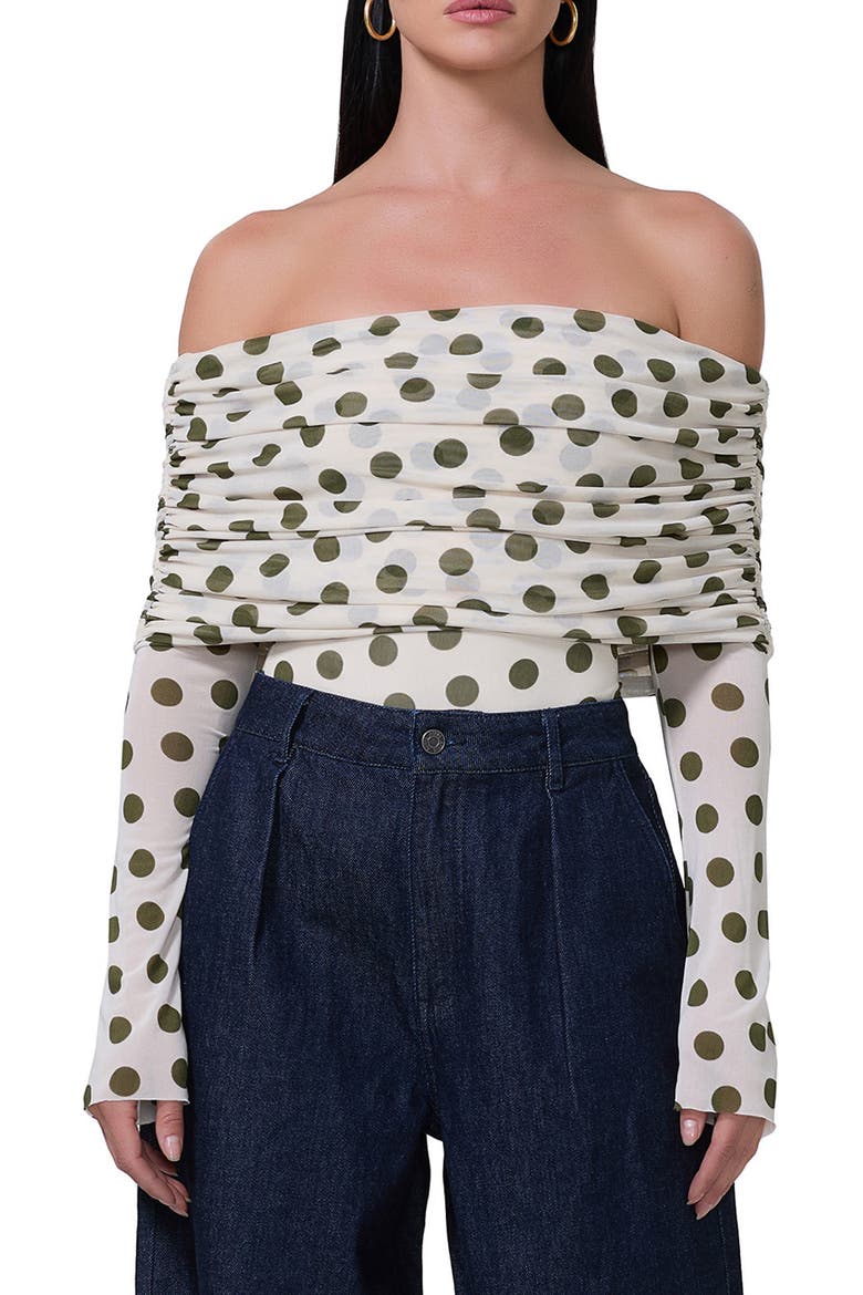 Maxine Ruched Off the Shoulder Mesh Bodysuit, Main, color, BIRCH DOT
