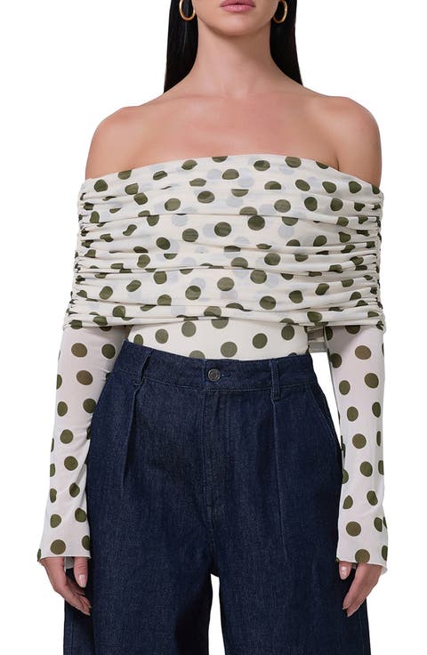 Maxine Ruched Off the Shoulder Mesh Bodysuit