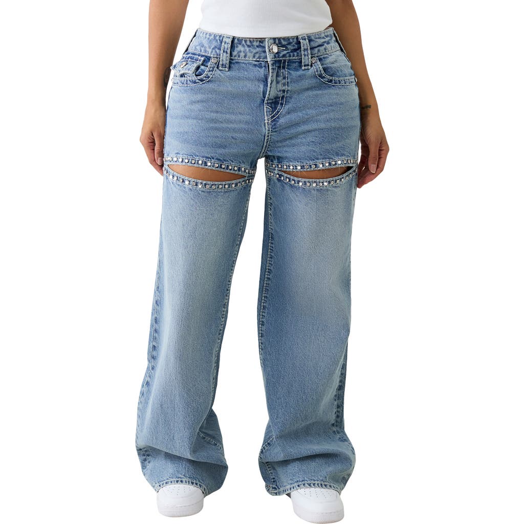 TRUE RELIGION TRUE RELIGION BOBBI EMBELLISHED CUTOUT BAGGY WIDE LEG JEANS