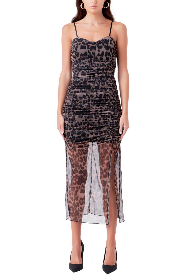 Ruched Mesh Midi Dress, Main, color, LEOPARD
