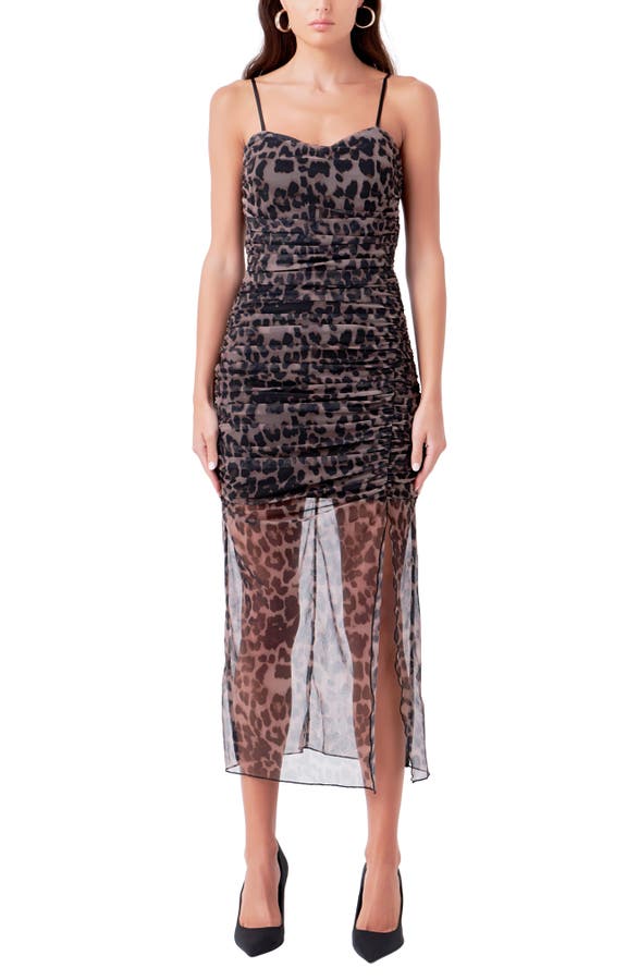 Ruched Mesh Midi Dress