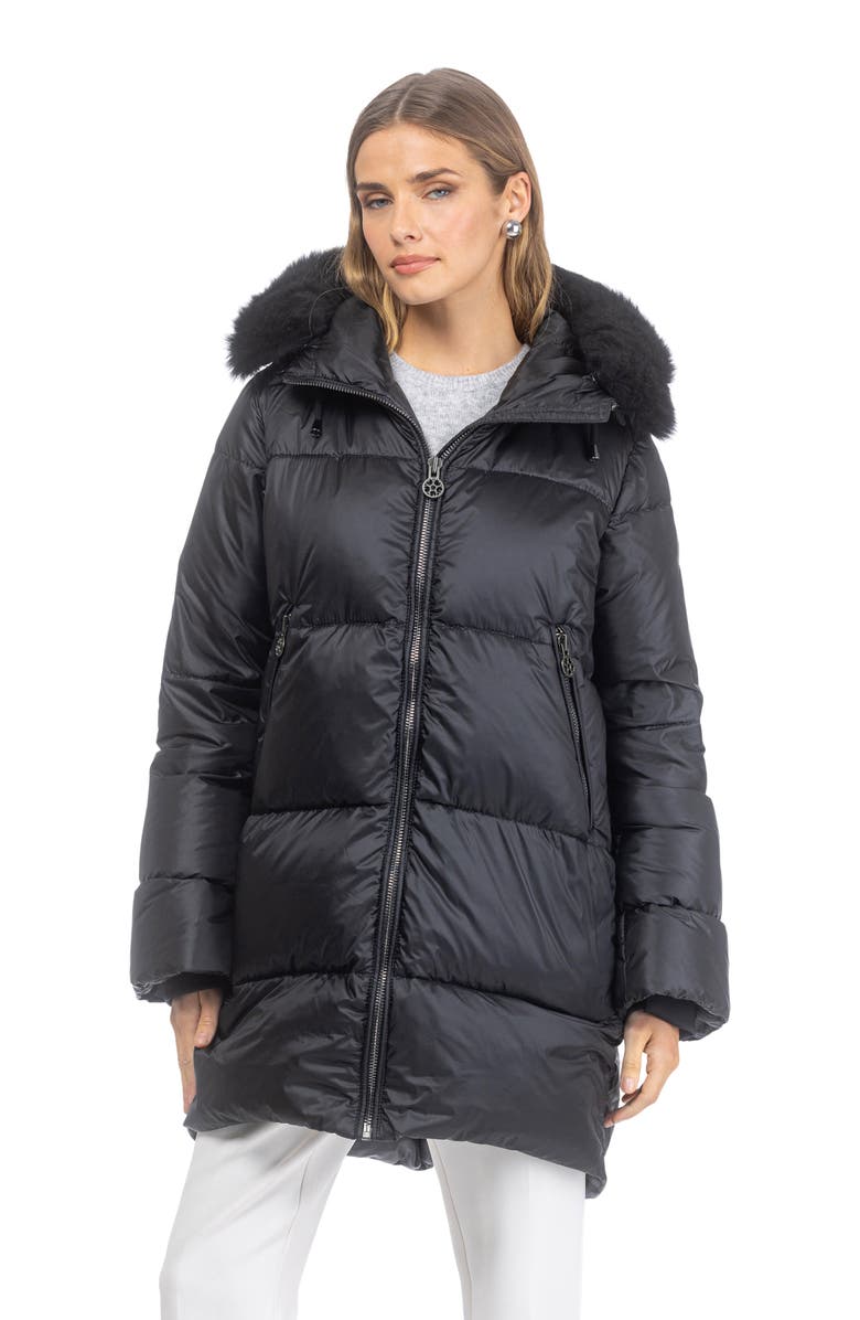 GORSKI Apres-Ski Horizontal Jacket With Detachable Genuine Shearling Hood Trim, Main, color, Black/Black