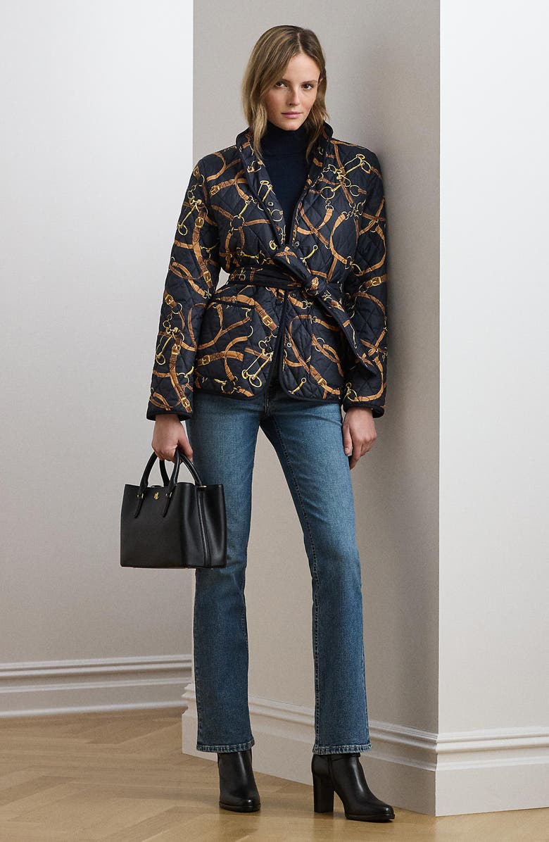 Lauren Ralph Lauren Print Belted Quilted Jacket, Alternate, color, Black