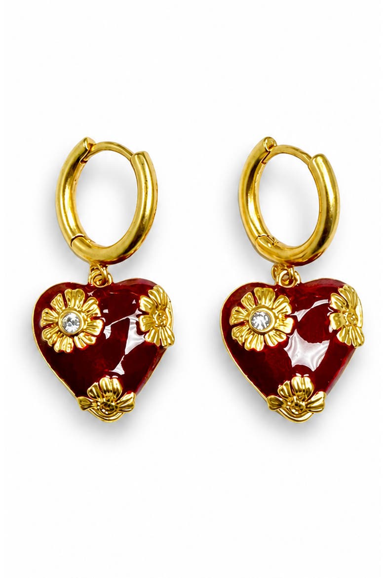 Petal Heart Drop Hoop Earrings, Main, color, GOLD/ BURGUNDY