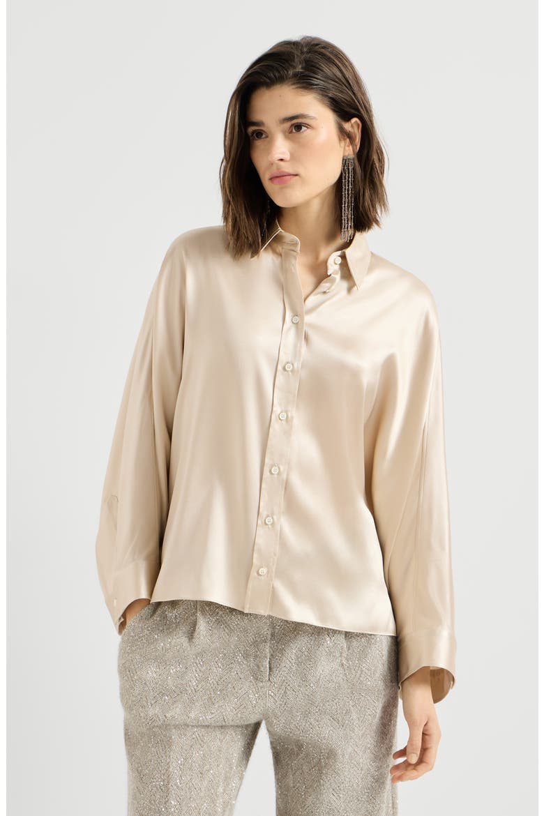 Stretch silk satin shirt with monili, Main, color, Sand