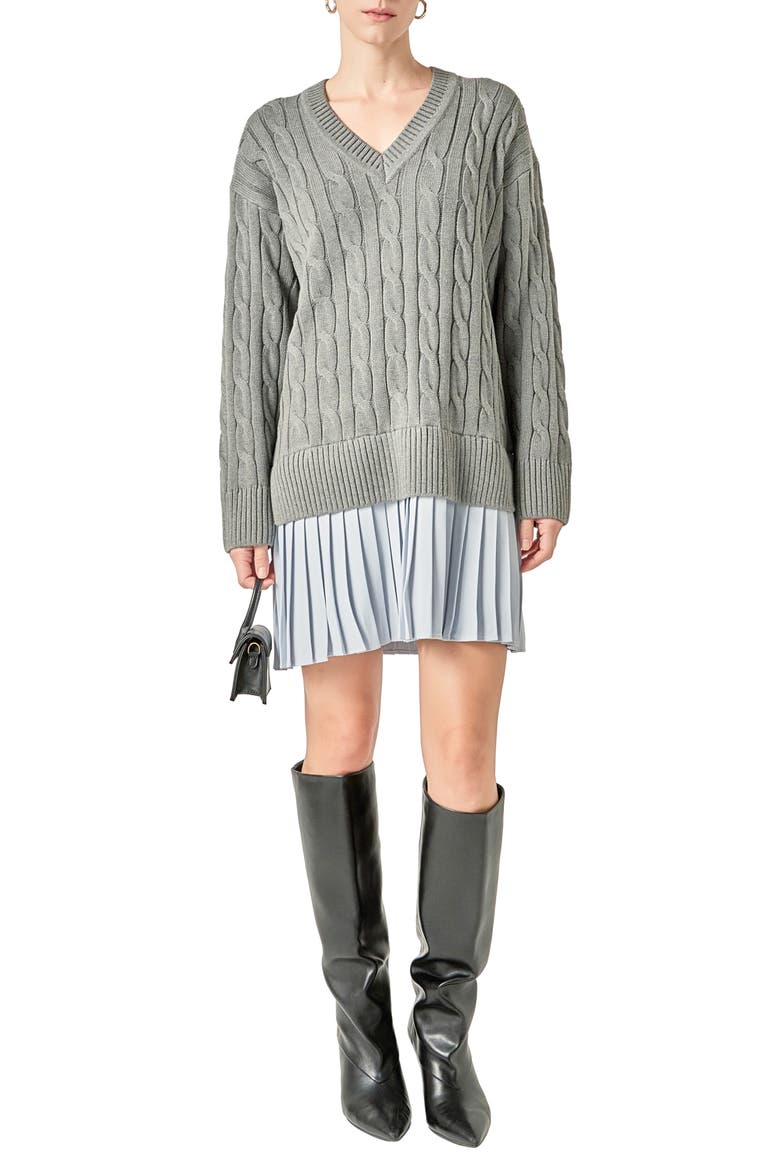 Long Sleeve Pleated Mixed Media Sweater Dress, Main, color, GREY/ POWDER BLUE