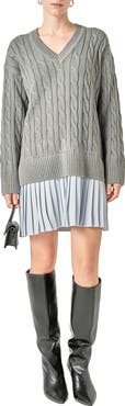 English Factory Long Sleeve Pleated Mixed Media Sweater Dress