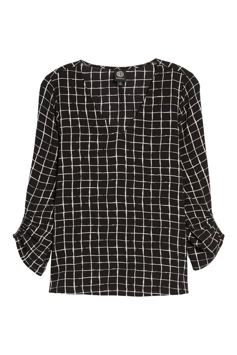 Ruched Sleeve Stretch Crepe Blouse, Alternate, color, BLACK AND WHITE