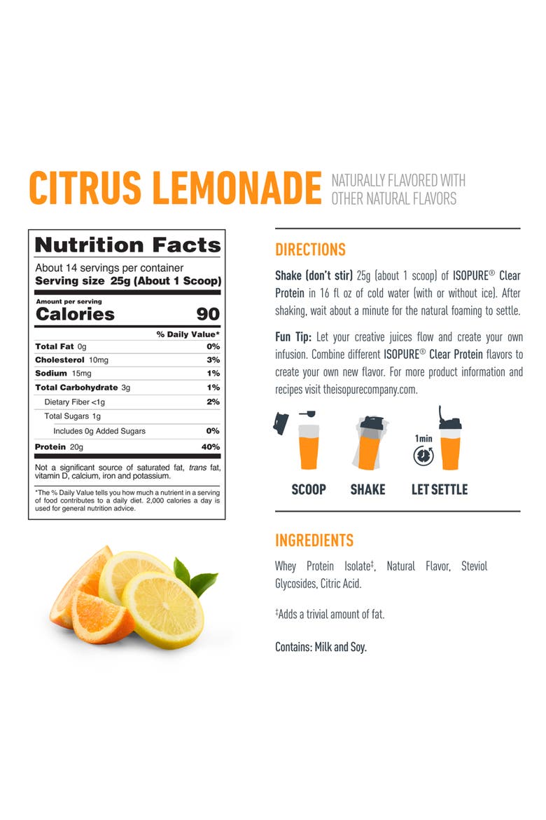 Clear Low Carb 100% Whey Protein Isolate Powder, Citrus Lemonade, 20g Protein, About 14 Servings, Alternate, color, None