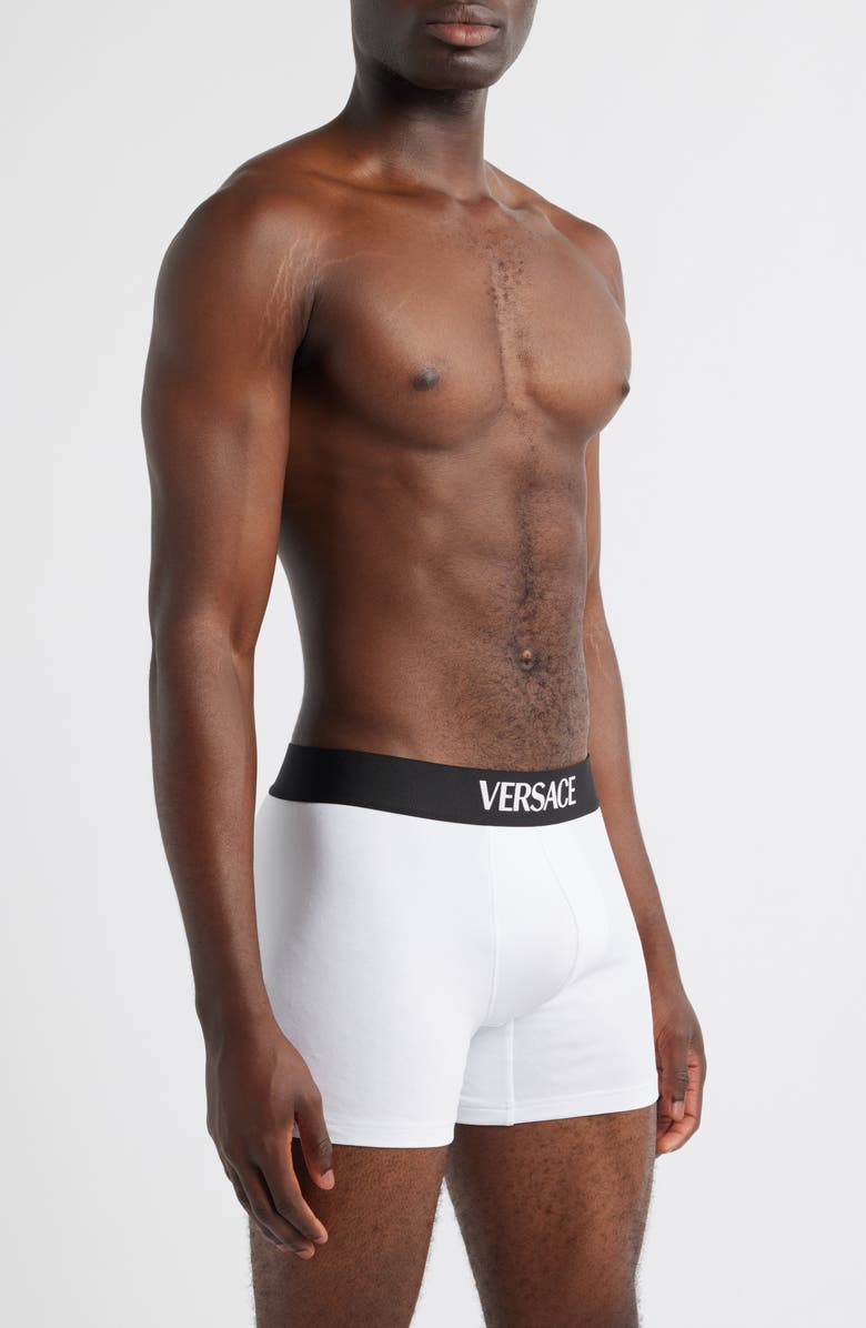 Versace Essential Logo Stretch Cotton Boxer Briefs, Alternate, color, Optical White
