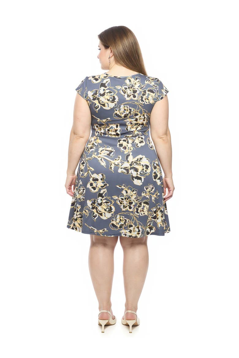 Plus Size Floral V-Neck Cap Sleeve Ruched Front Knee Length Dress, Alternate, color, Grey Multi