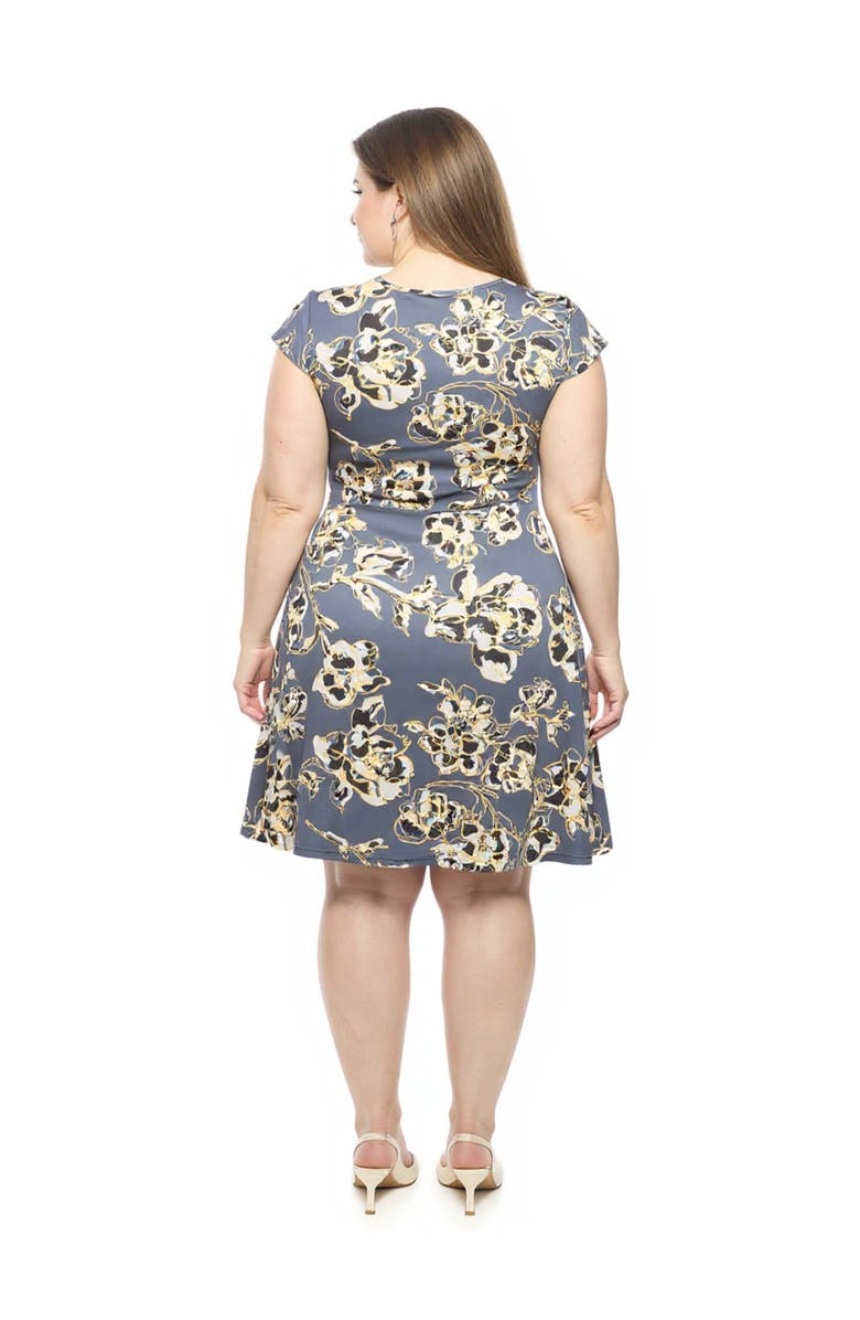 24seven Comfort Apparel Plus Size Floral V-Neck Cap Sleeve Ruched Front Knee Length Dress, Alternate, color, Grey Multi