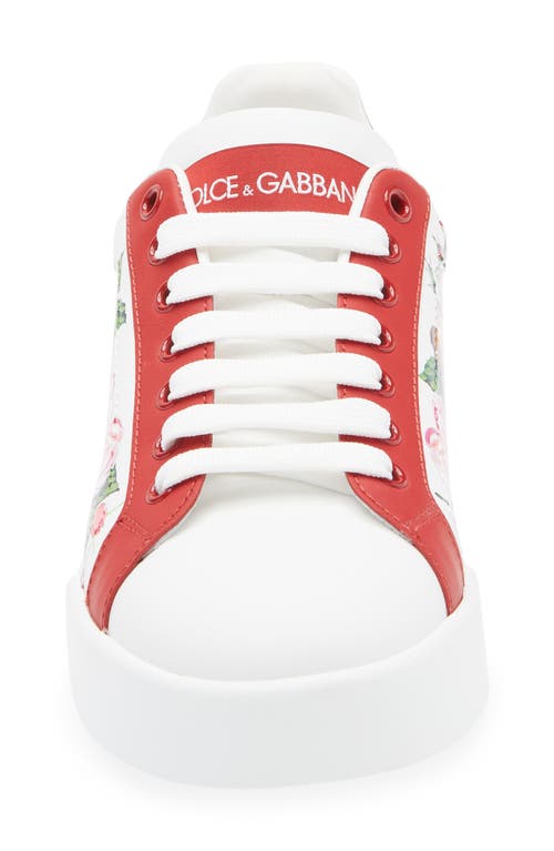 Dolce & Gabbana Portofino Painted Flower Leather Sneakers In Ha5pd Fondo Bianco