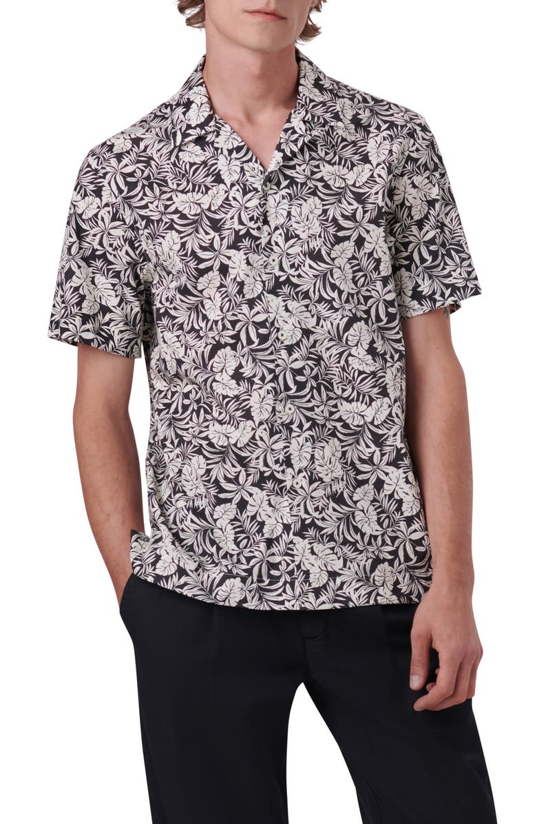 Bugatchi Shaped Fit Print Stretch Cotton Short Sleeve Button-Up Shirt, Main, color,