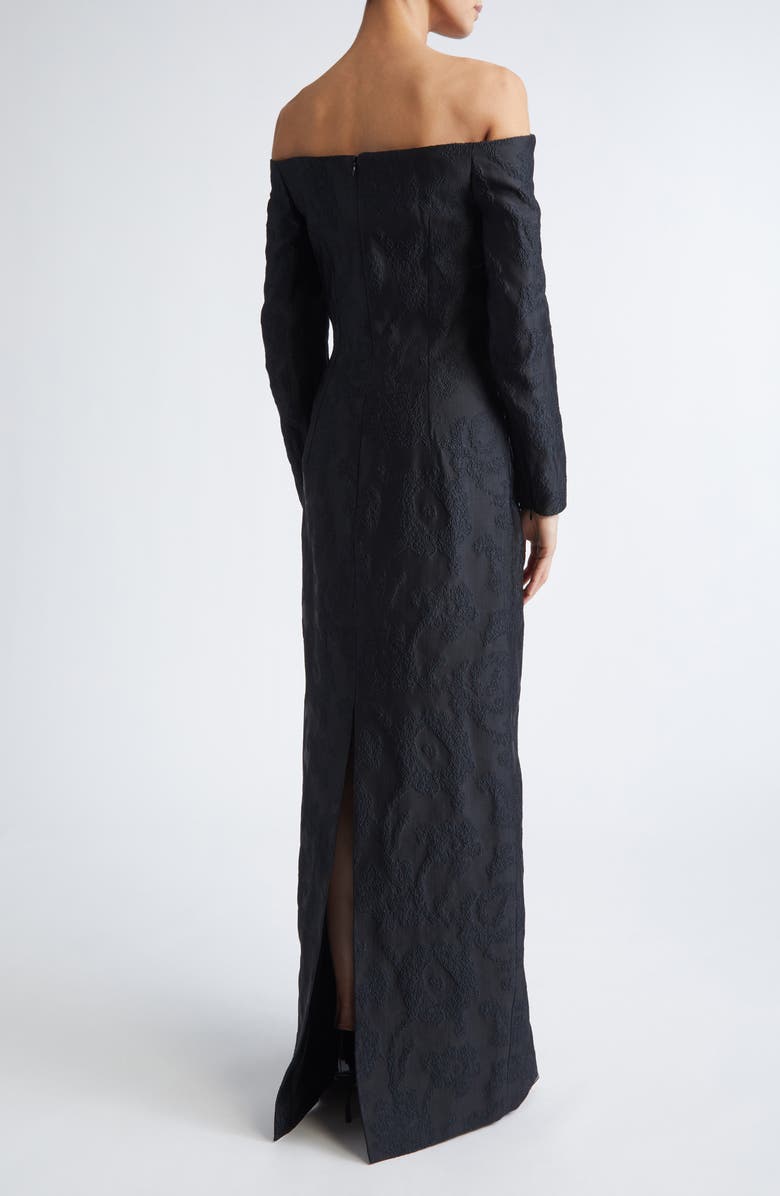 Emilia Wickstead Zarith Off the Shoulder Long Sleeve Bouclé Jacquard Evening Gown, Alternate, color, Black