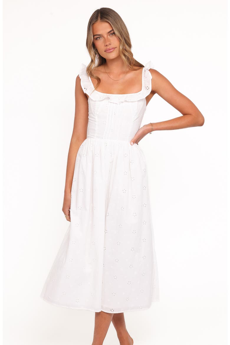 Ruella Eyelet Lace-Up Back Midi Dress, Alternate, color, WHITE