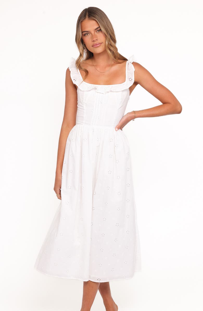 Petal & Pup Ruella Eyelet Lace-Up Back Midi Dress, Alternate, color, White