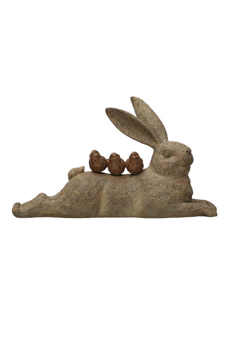 Decorative Resting Rabbit with Birds Figurine, Brown, Main, color, Brown