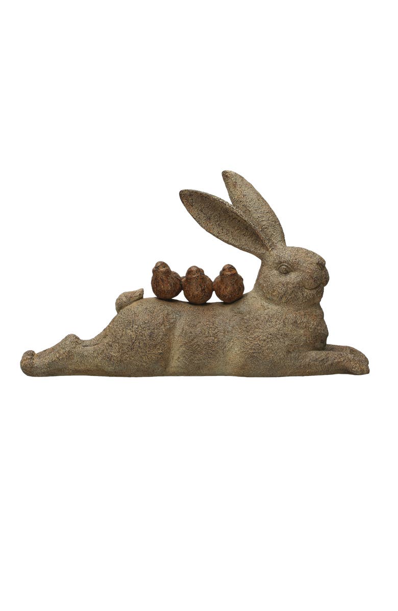 Storied Home Decorative Resting Rabbit with Birds Figurine, Brown, Main, color, Brown