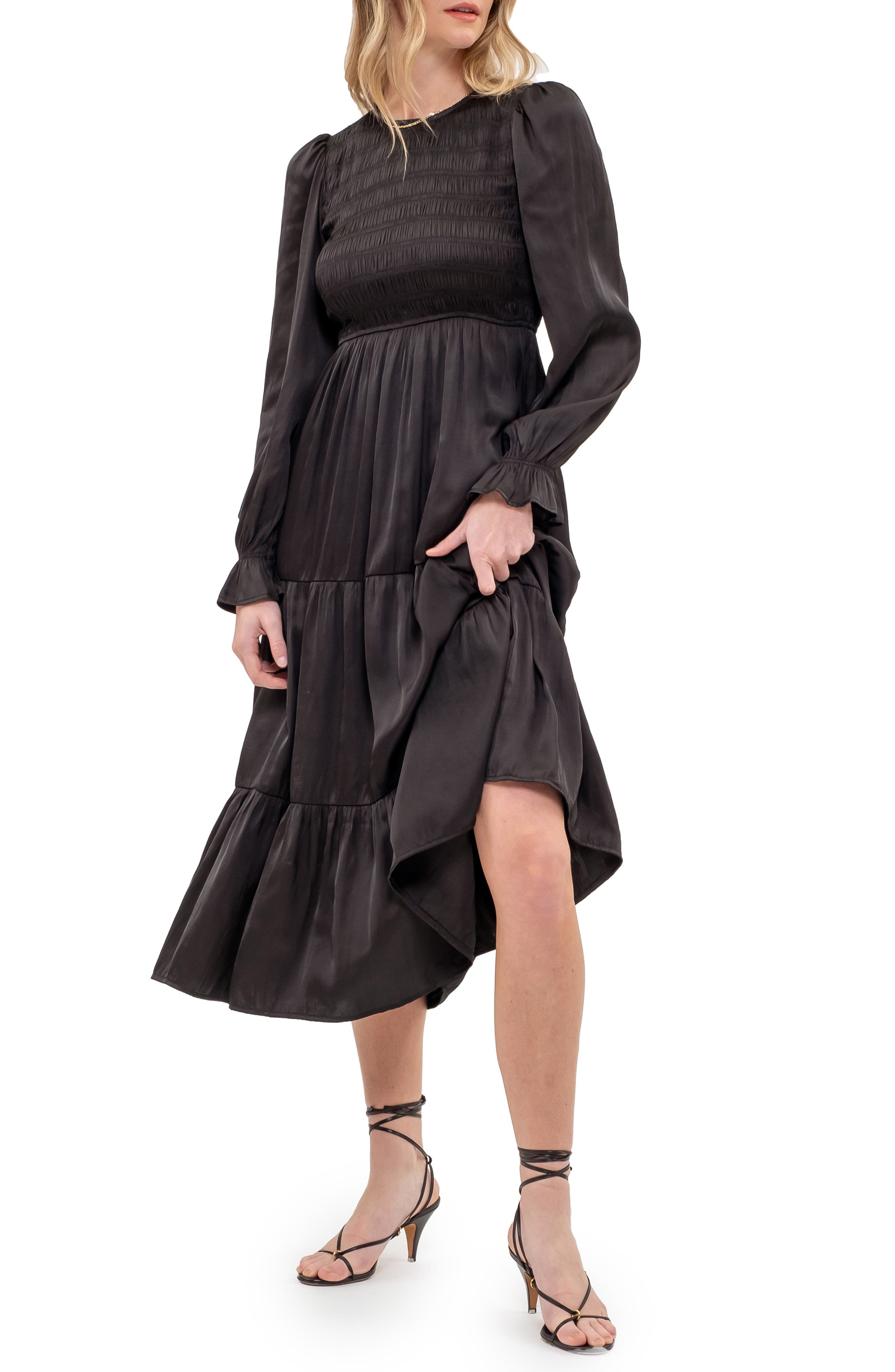 AUGUST SKY Satin Smocked Long Sleeve Dress