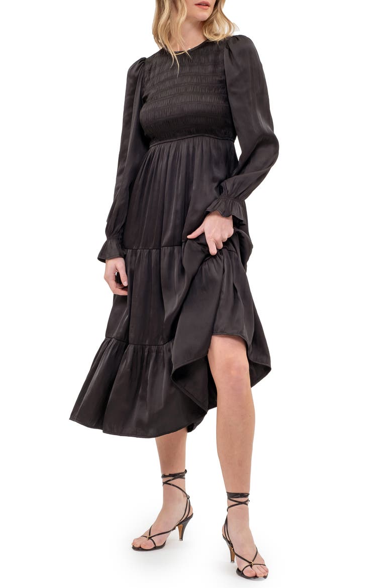 Satin Smocked Long Sleeve Dress, Main, color, BLACK