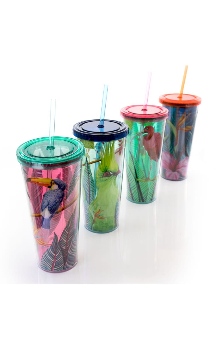 Gibson Home Tropical Bird 4 Piece 23.6 Ounce Double Wall Tumbler Set with Straw, Alternate, color, Clear