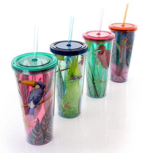 Gibson Home Tropical Bird 4 Piece 23.6 Ounce Double Wall Tumbler Set With Straw In Green