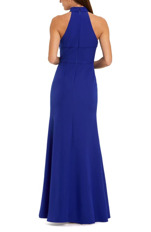 Mac Duggal Flower Halter Neck Crepe Column Sleeveless Gown In Blue