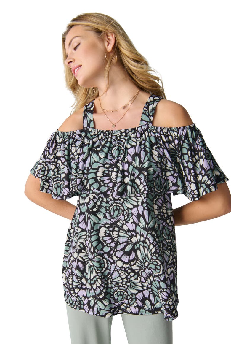 Jessica London Stretch Knit Cold Shoulder Ruffle Tunic, Main, color, Grey Spruce Feather