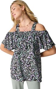 Jessica London Stretch Knit Cold Shoulder Ruffle Tunic