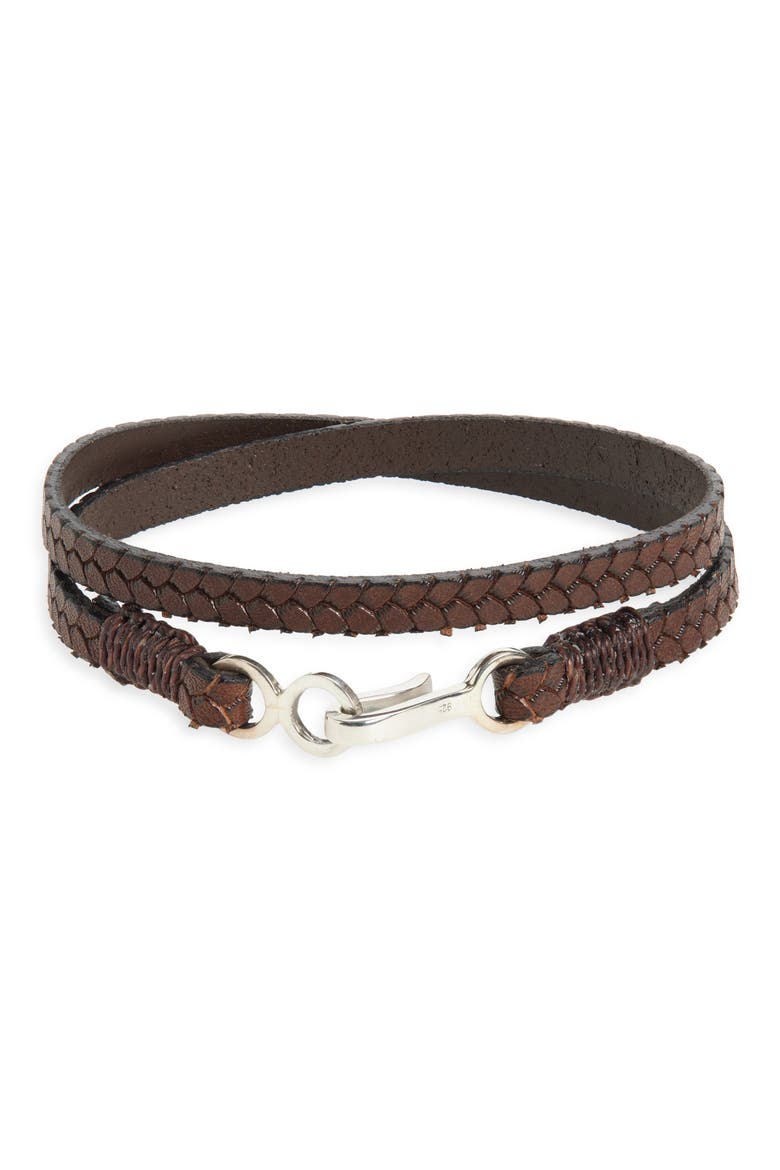 Men's Embossed Double Wrap Leather Bracelet, Main, color, CHOCOLATE