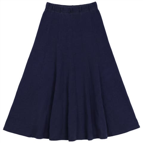 Denim Terry Vertical Panel Elastic Waist Midi Skirt