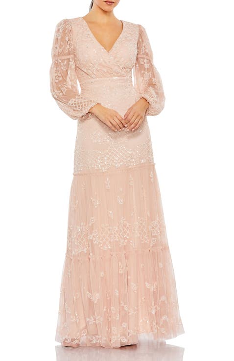 Sequined Tiered Wrap Over Puff Sleeve Gown