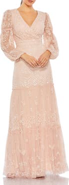 Mac Duggal Sequined Tiered Wrap Over Puff Sleeve Gown