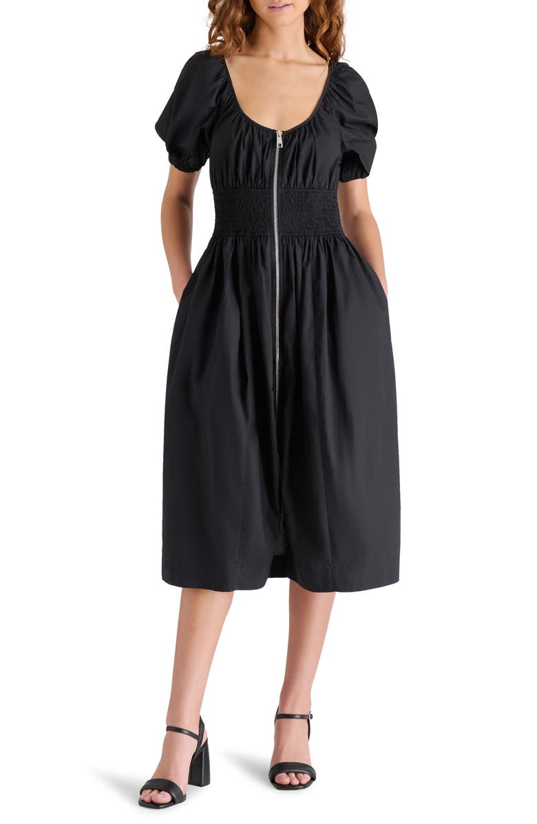 Steve Madden Liora Smocked Waist Cotton Poplin Dress, Main, color, Black