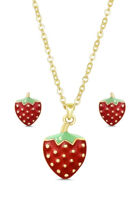 Kids' Strawberry Pendant Necklace & Stud Earrings Set