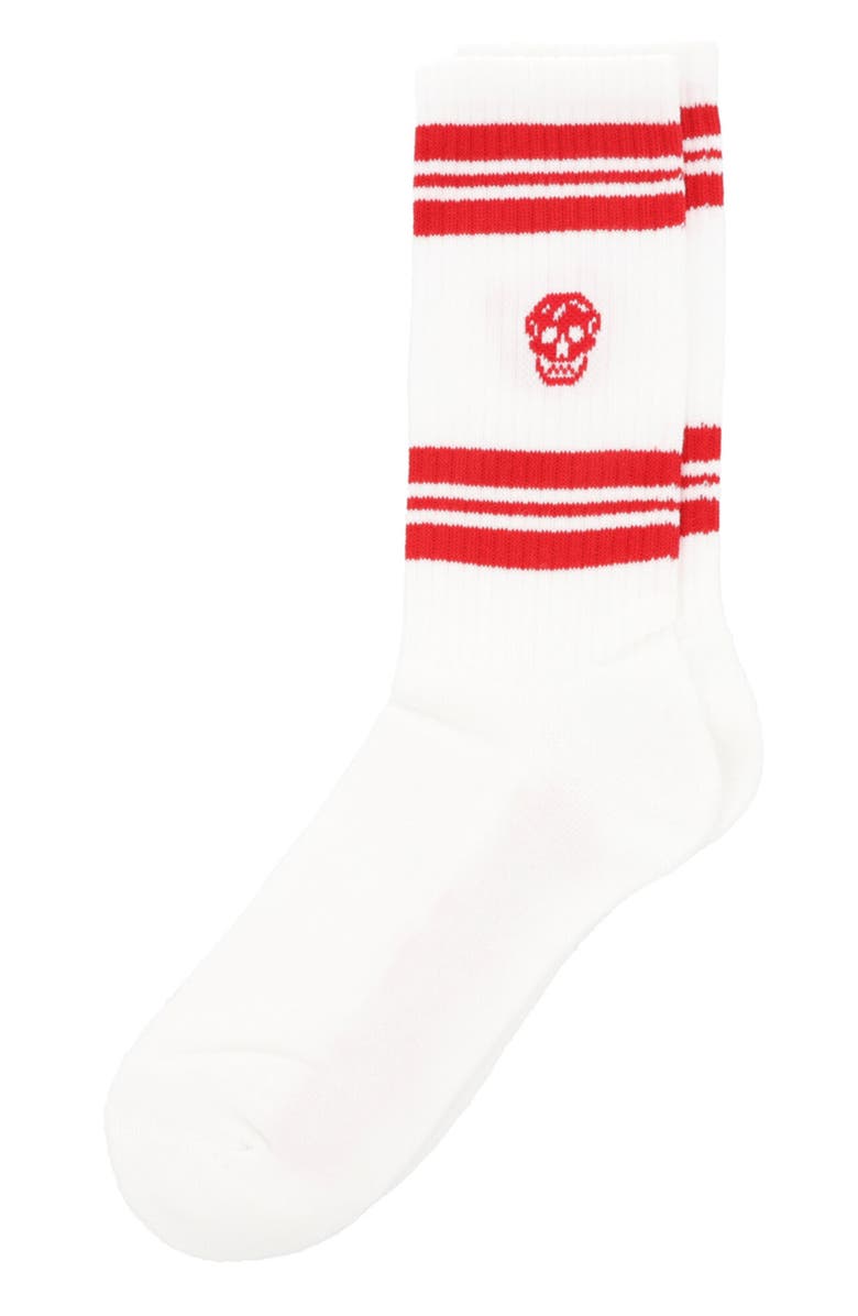 McQueen Stripe Skull Logo Crew Socks, Alternate, color, White Red