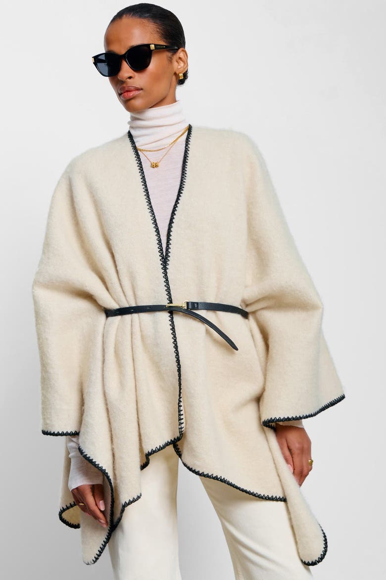Whipstitch Blanket Cape with Belt, Main, color, Cream